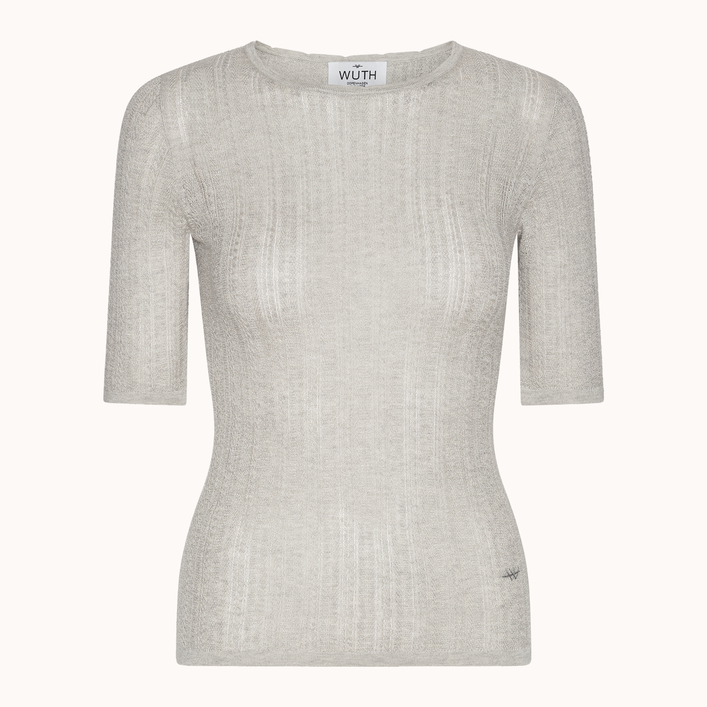 Elegant silke cashmere kabelstrik t-shirt fra Wuth Copenhagen i Lysegrå
